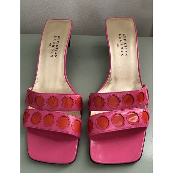 Christian Lacroix Shoes - Christian Lacroix Vintage Y2K Hot Pink Red Dot Patent Leather Slide Heels Sz 7.5